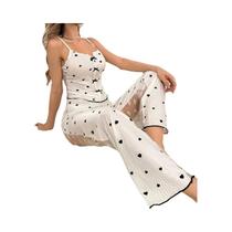 Conjunto De Pijama Sexy Feminino De 2 Peças Em Renda De Malha Com Top De Alças Estampado E Calças Conjunto De Pijama Sexy Feminino De 2 Peças Em Renda De Malha Com Top De Alças Estampado E Calças