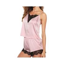 Conjunto De Pijama Sexy Feminino Em Seda Satin Com Detalhes Em Renda, Top Com Alças E Shorts Curtos,