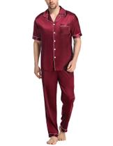 Conjunto de pijama SWOMOG para homens de cetim de manga curta, vinho tinto XXL Conjunto de pijama SWOMOG para homens de cetim de manga curta, vinho tinto XXL