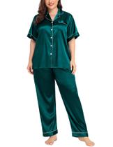 Conjunto de pijama SWOMOG Plus Size Silk Satin para mulheres, verde escuro Conjunto de pijama SWOMOG Plus Size Silk Satin para mulheres, verde escuro