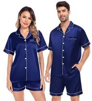 Conjunto de pijama SWOMOG Satin Couple Silk Button Down azul marinho