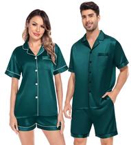 Conjunto de pijama SWOMOG Satin Couple Silk Button Down verde escuro