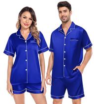 Conjunto de pijama SWOMOG, seda acetinada, com botões, manga curta, azul