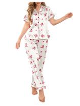 Conjunto de pijama WDIRARA, calça feminina de cetim com estampa de laço, branca Conjunto de pijama WDIRARA, calça feminina de cetim com estampa de laço, branca