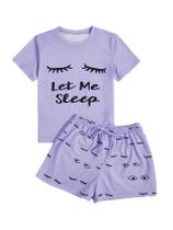 Conjunto de pijama WDIRARA Cute Cartoon Print roxo para mulheres
