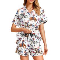 Conjunto de pijama WELLINZER American Flag Cowboy Satin para mulheres