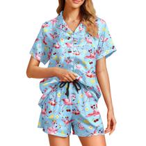 Conjunto de pijama WELLINZER Cocktail Flamingo Silk Satin para mulheres Conjunto de pijama WELLINZER Cocktail Flamingo Silk Satin para mulheres