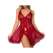 Conjunto De Pijamas Com Vestido De Noite Transparente Em Renda Vermelha E Calcinha, Lingerie Sexy