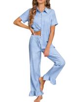Conjunto de pijamas COZYPOIN 100% algodão para mulheres Gingham Blue-M Conjunto de pijamas COZYPOIN 100% algodão para mulheres Gingham Blue-M