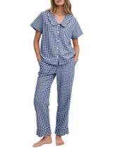 Conjunto de pijamas de algodão Flygo Gingham para mulheres, azul marinho, tamanho GG Conjunto de pijamas de algodão Flygo Gingham para mulheres, azul marinho, tamanho GG