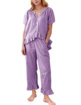 Conjunto de pijamas de algodão xadrez Flygo para mulheres, roxo, tamanho S