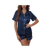 Conjunto De Pijamas De Cetim Feminino Manga Curta Gola Virada Para Baixo Botão Top Shorts Verão