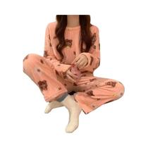 Conjunto De Pijamas De Flanela Quente Feminino Manga Longa Veludo Coral Roupa De Dormir Outono