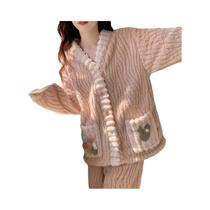 Conjunto De Pijamas De Flanela Quente Grosso Feminino Inverno Kawaii Macio Cardigan Loungewear