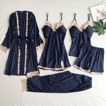 Conjunto De Pijamas De Luxo Feminino Em Cetim Com 5 Peças, Robe Com Renda, Camisola, Shorts E Calças