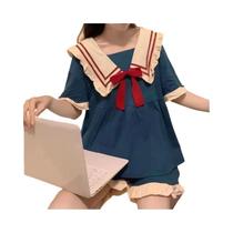 Conjunto De Pijamas De Manga Curta Princesa Navy Para Mulheres Primavera Verão Estilo Fofo De