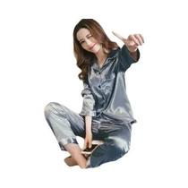 Conjunto De Pijamas De Manga Longa Para Mulheres Em Tamanho Grande, Seda De Gelo, Cardigan Coreano