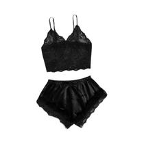 Conjunto de Pijamas de Renda Sexy Feminino - Preto e Rosa - Confortável e Respirável