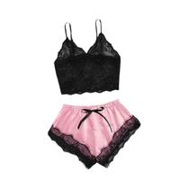 Conjunto de Pijamas de Renda Sexy Feminino - Preto e Rosa - Confortável e Respirável