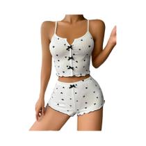 Conjunto De Pijamas De Seda Com Estampa De Coração Para Mulheres, Top Sem Mangas Com Decote Em V E