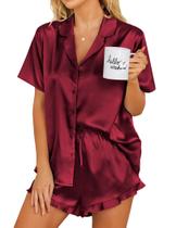Conjunto de pijamas de seda Ekouaer para mulheres de manga curta com botões
