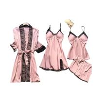 Conjunto De Pijamas De Seda Femininos 4PCS Vestido De Noite Com Renda Robe Roupa De Dormir Em Cor