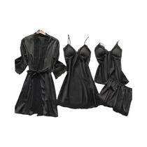 Conjunto De Pijamas De Seda Femininos 4PCS Vestido De Noite Com Renda Robe Roupa De Dormir Em Cor
