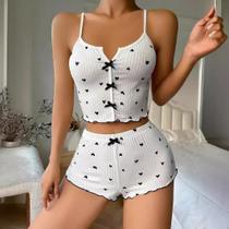 Conjunto De Pijamas De Seda Femininos De Verão Com Estampa De Coração, Top Sem Mangas Com Decote Em
