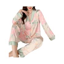 Conjunto de Pijamas de Seda Gelada Feminino - Cardigan com Estampa Doce - Primavera/Outono