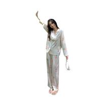 Conjunto de Pijamas de Seda Gelada Feminino - Cardigan com Estampa Doce - Primavera/Outono