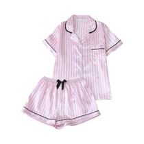 Conjunto De Pijamas De Seda Listrada Feminina Com Top De Manga Curta E Shorts Com Laço Para