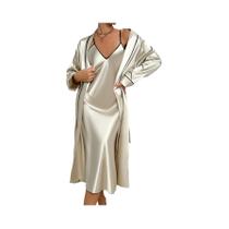 Conjunto De Pijamas De Seda Luxuosos Para Mulheres, Robe De Manga Longa, Saia Solta Confortável, Conjunto De Pijamas De Seda Luxuosos Para Mulheres, Robe De Manga Longa, Saia Solta Confortável,