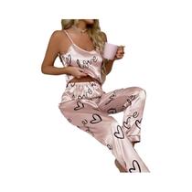 Conjunto De Pijamas De Seda Satin Com Estampa De Letras Para Mulheres, Camiseta E Calça, Lingerie Conjunto De Pijamas De Seda Satin Com Estampa De Letras Para Mulheres, Camiseta E Calça, Lingerie