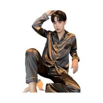 Conjunto De Pijamas De Seda Satin Para Homens, Camisa De Manga Longa, Tamanho Grande, Roupa De