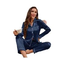 Conjunto De Pijamas De Seda Satin Para Mulheres Com Camisas De Manga Longa E Calças 2 Peças Roupas