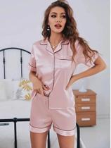 Conjunto De Pijamas De Seda Satinada Para Mulheres, Camisa De Manga Curta Com Botões E Shorts, - NONE