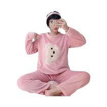Conjunto De Pijamas De Veludo Coral Grosso E Quente Para Mulheres, Roupa De Inverno E Outono,