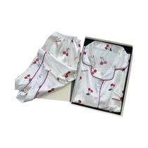 Conjunto De Pijamas De Verão Feminino Em Cetim Com Estampa De Cereja, Camisa De Manga Curta E Conjunto De Pijamas De Verão Feminino Em Cetim Com Estampa De Cereja, Camisa De Manga Curta E