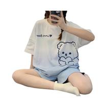 Conjunto De Pijamas De Verão Para Mulheres Com Estampa De Urso Em Desenho Animado, Manga Curta,