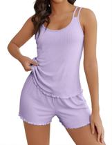 Conjunto de pijamas e shorts femininos de malha canelada Ekouaer Conjunto de pijamas e shorts femininos de malha canelada Ekouaer