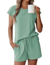 Conjunto de pijamas Ekouaer feminino de algodão, manga curta, verde, tamanho L
