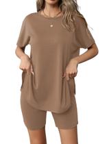 Conjunto de pijamas Ekouaer, manga curta, roupa esportiva, marrom L