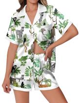 Conjunto de pijamas Ekouaer para mulher, seda, cetim, estampa de animais Conjunto de pijamas Ekouaer para mulher, seda, cetim, estampa de animais