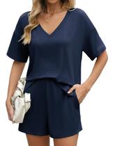 Conjunto de pijamas Ekouaer para mulheres em malha canelada de verão azul escuro Conjunto de pijamas Ekouaer para mulheres em malha canelada de verão azul escuro