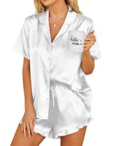 Conjunto de pijamas Ekouaer Silk para mulheres com botões branco XXL