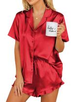 Conjunto de pijamas Ekouaer Silk para mulheres com botões vermelhos XL