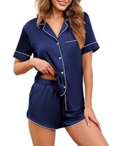 Conjunto de pijamas Ekouaer Silk Satin para mulheres azul marinho S-XXL Conjunto de pijamas Ekouaer Silk Satin para mulheres azul marinho S-XXL
