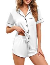 Conjunto de pijamas Ekouaer Silk Satin para mulheres de manga curta branco