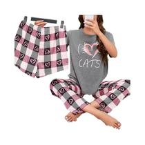 Conjunto De Pijamas Feminino De 3 Peças Com Manga Curta E Decote Redondo, Estampa Casual