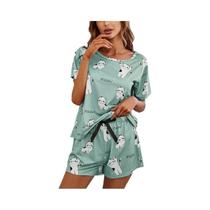 Conjunto de Pijamas Feminino - Manga Curta com Estampa de Desenho Animado - 2 Peças